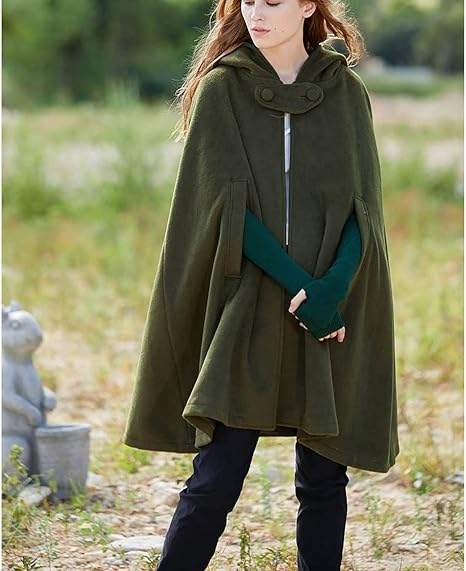 Cape Femme Ample Capuche En Mélange De Laine Mi Longue Ouverture Frontale Drapée Pour Automne Hiver Printemps