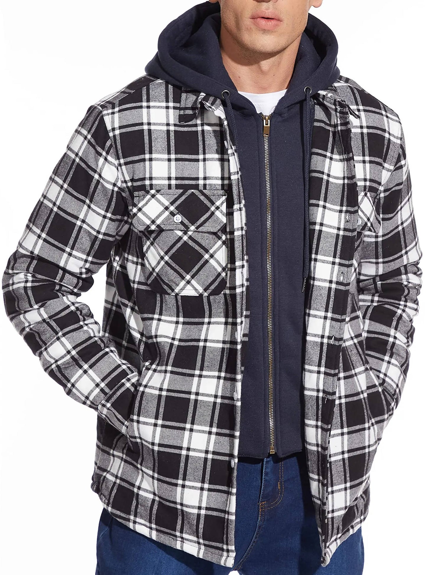 Amawinc Veste Bomber À Capuche À Carreaux Avec Fermeture Éclair Avant Et Doublure Chaude Pour Tous Les Jours