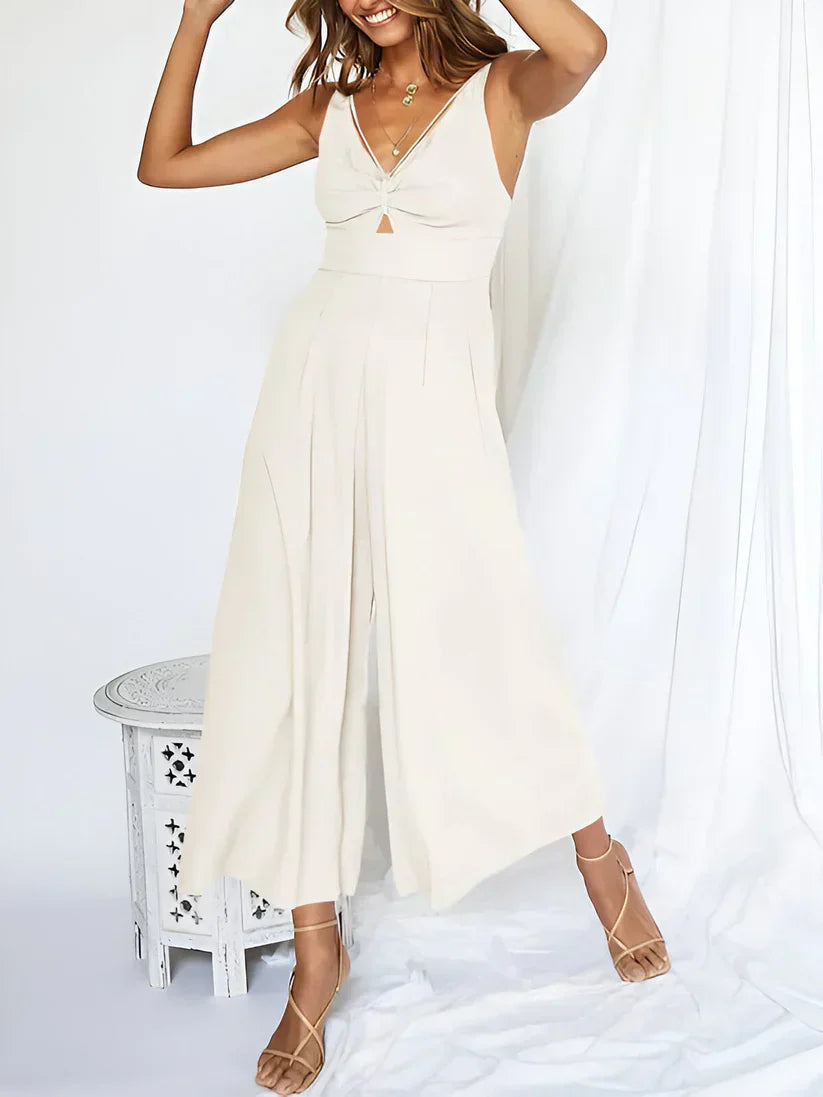 Combinaison Sans Manches Femme Col En V Taille Haute Évasée Bleu Marine Confort