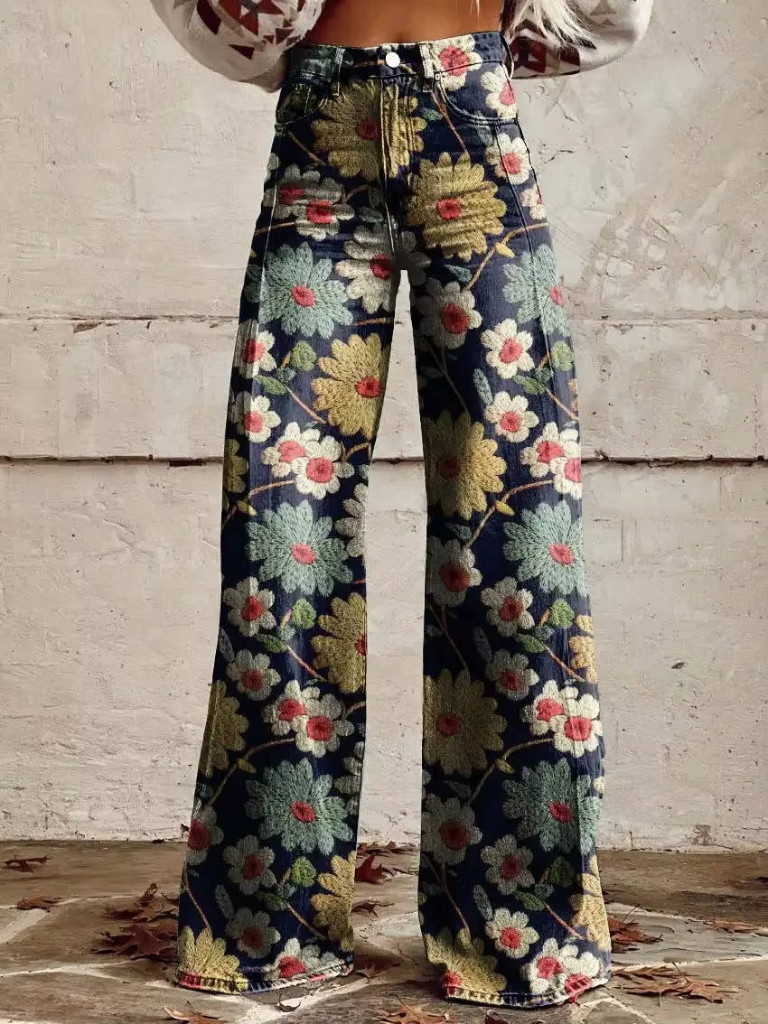 Pantalon Fleuri Pour Femmes Décontracté Parfait Pour Marchés Fermiers Dîners Décontractés Et Brunch