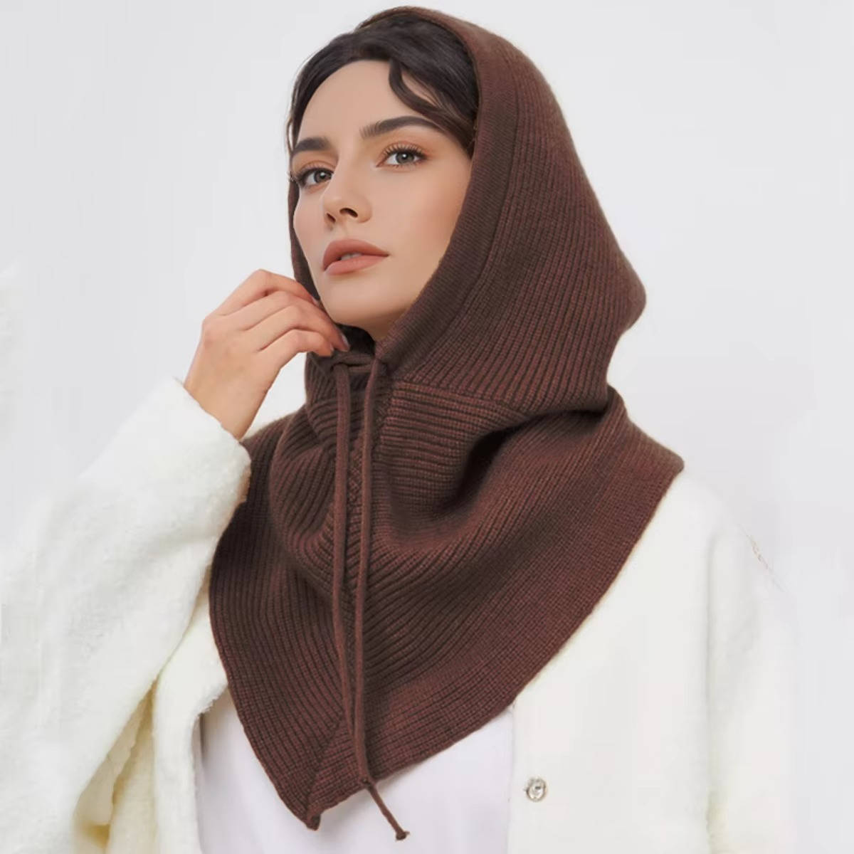Bonnet En Maille Beige Avec Capuche Et Écharpe Intégrée Pour Hiver Chaleur Confort Du Cou Et Cordon De Serrage