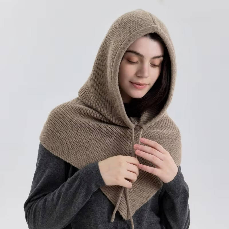 Bonnet En Maille Beige Avec Capuche Et Écharpe Intégrée Pour Hiver Chaleur Confort Du Cou Et Cordon De Serrage