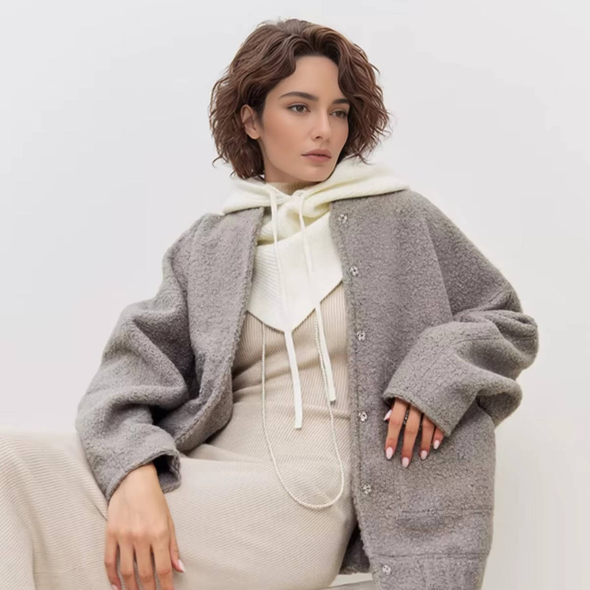 Bonnet En Maille Beige Avec Capuche Et Écharpe Intégrée Pour Hiver Chaleur Confort Du Cou Et Cordon De Serrage