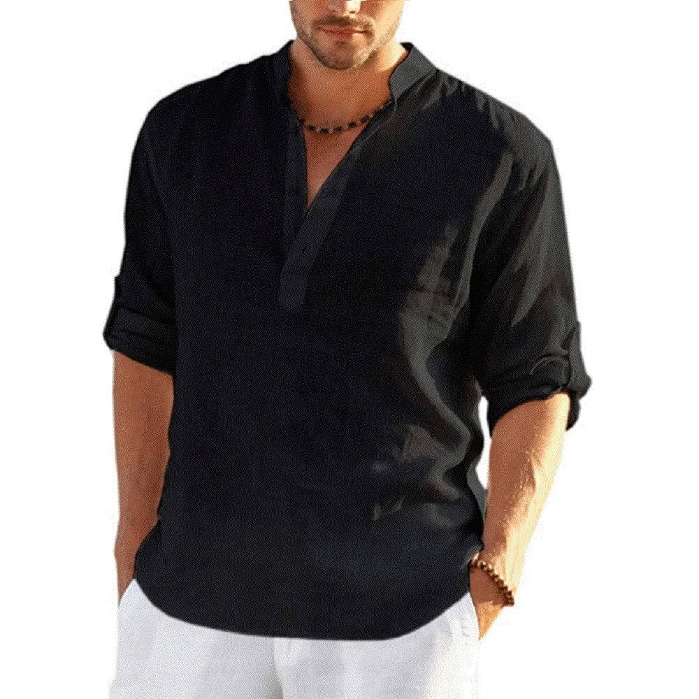 Chemise Henley Homme Manches Longues Décontractée Quotidien Week End Amawinc Coton Lin