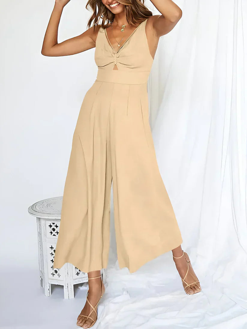 Combinaison Sans Manches Femme Col En V Taille Haute Évasée Bleu Marine Confort