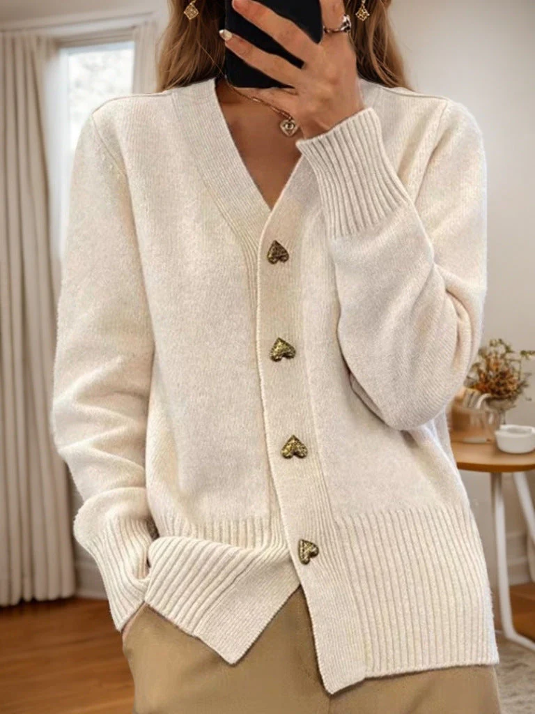Cardigan Femme Coupe Décontractée Mélange De Laine Encolure V Boutons Cœurs Ourlet Côtelé Confortable