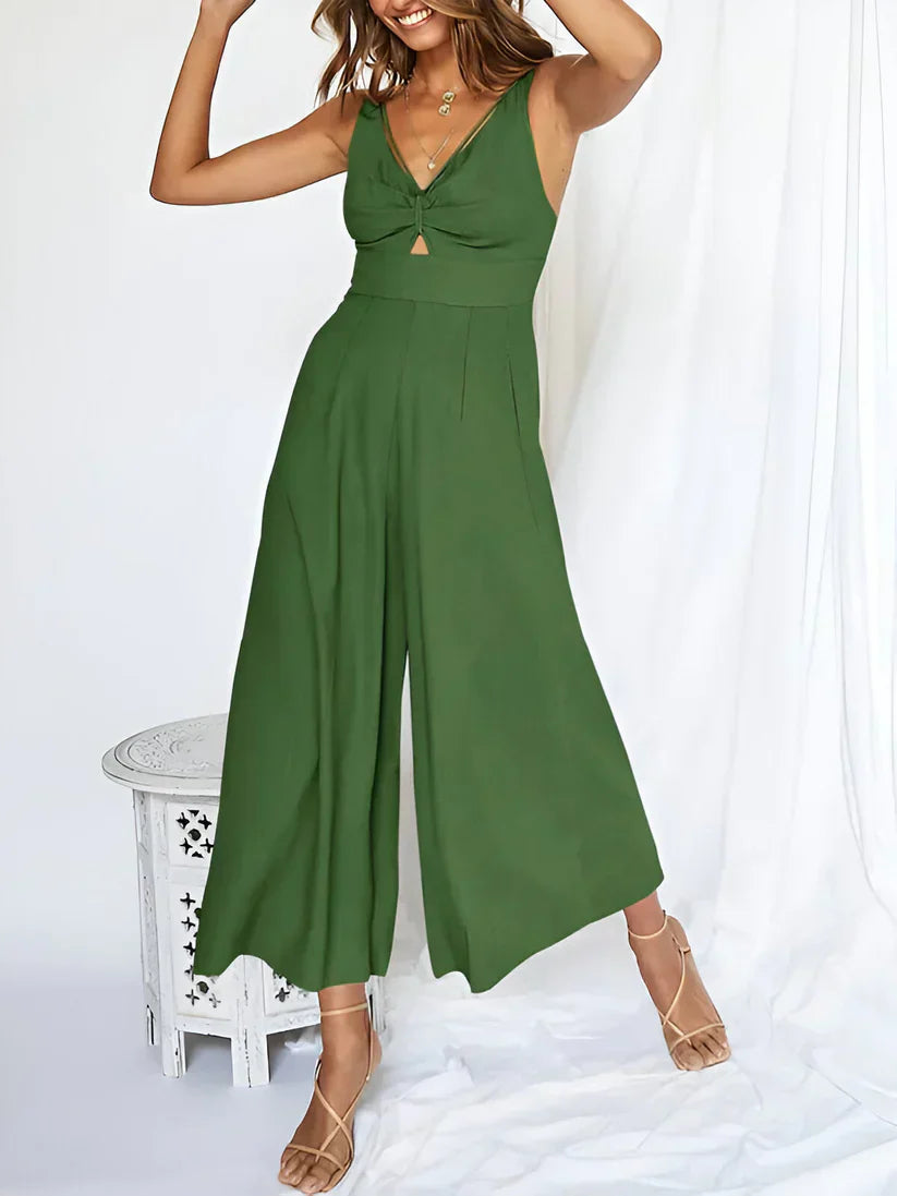 Combinaison Sans Manches Femme Col En V Taille Haute Évasée Bleu Marine Confort