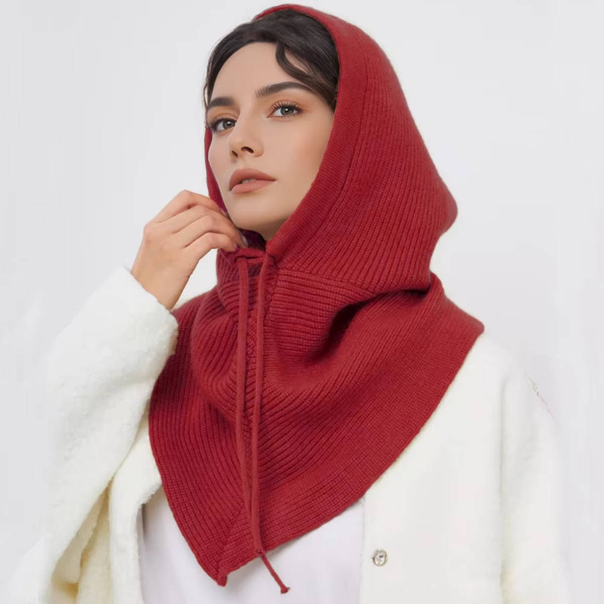 Bonnet En Maille Beige Avec Capuche Et Écharpe Intégrée Pour Hiver Chaleur Confort Du Cou Et Cordon De Serrage