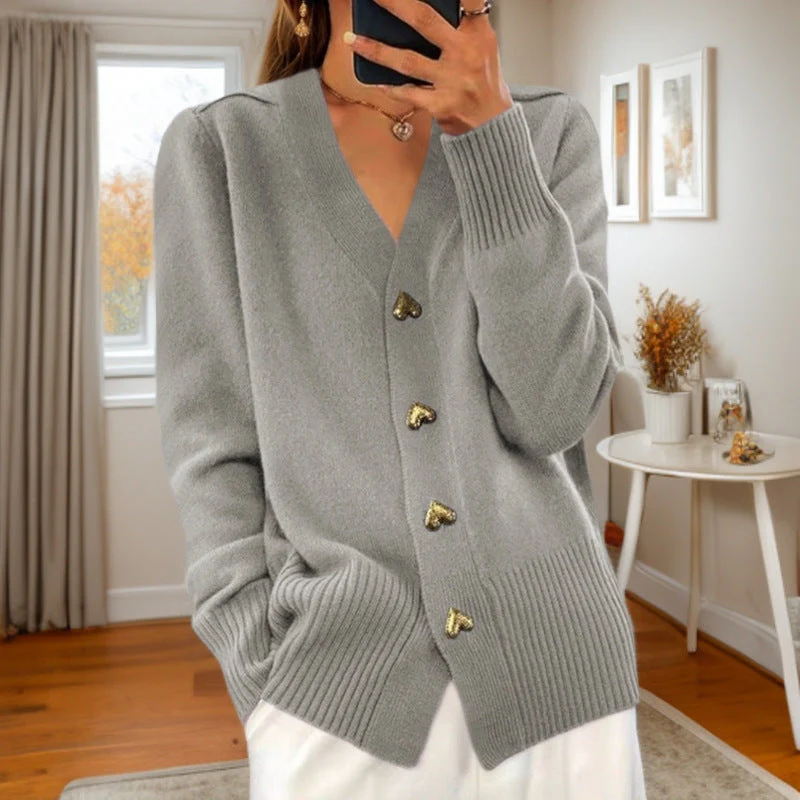 Cardigan Femme Coupe Décontractée Mélange De Laine Encolure V Boutons Cœurs Ourlet Côtelé Confortable