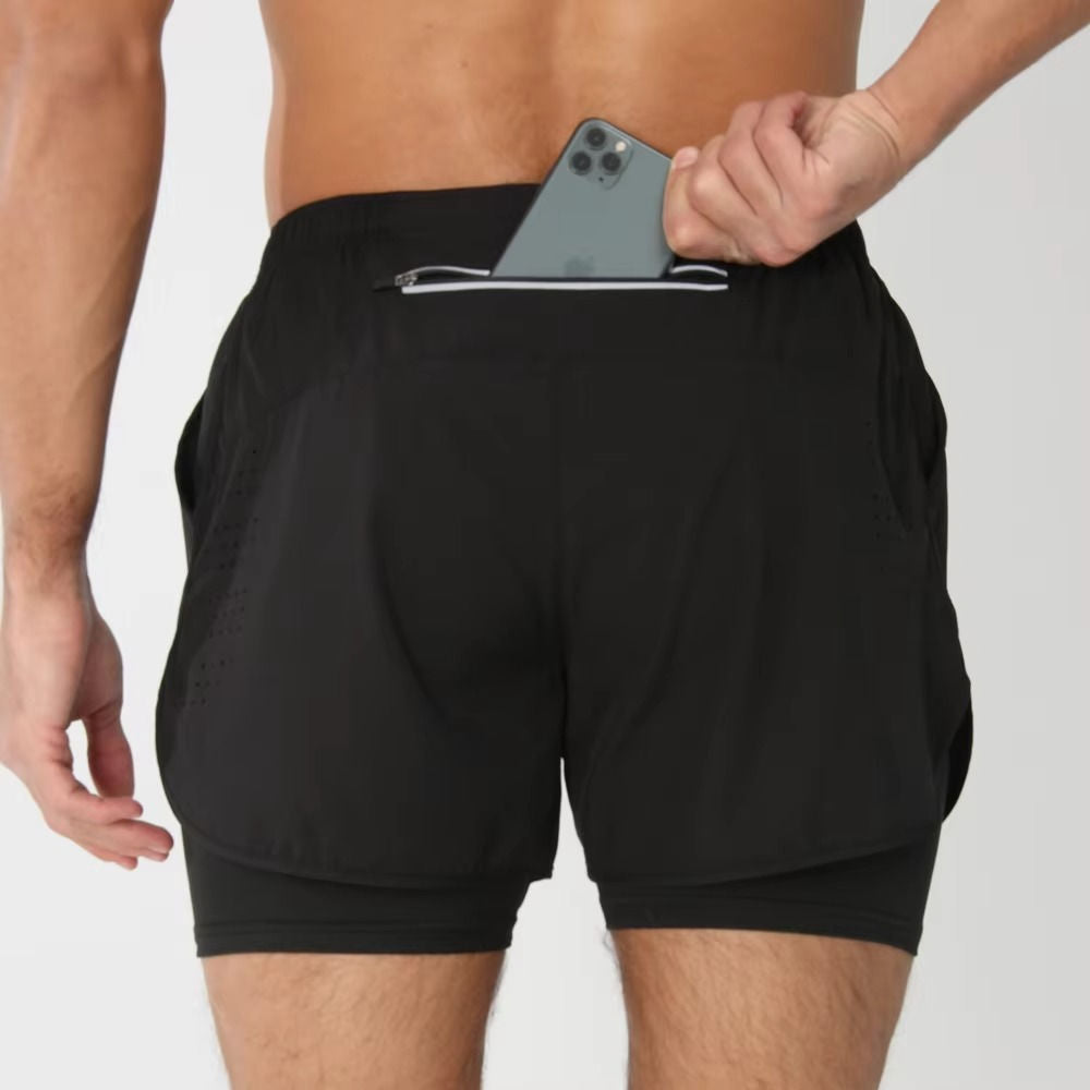 Shorts de Sport pour Homme Double Couches Poche Téléphone pour Gym Natation Course Polyvalent