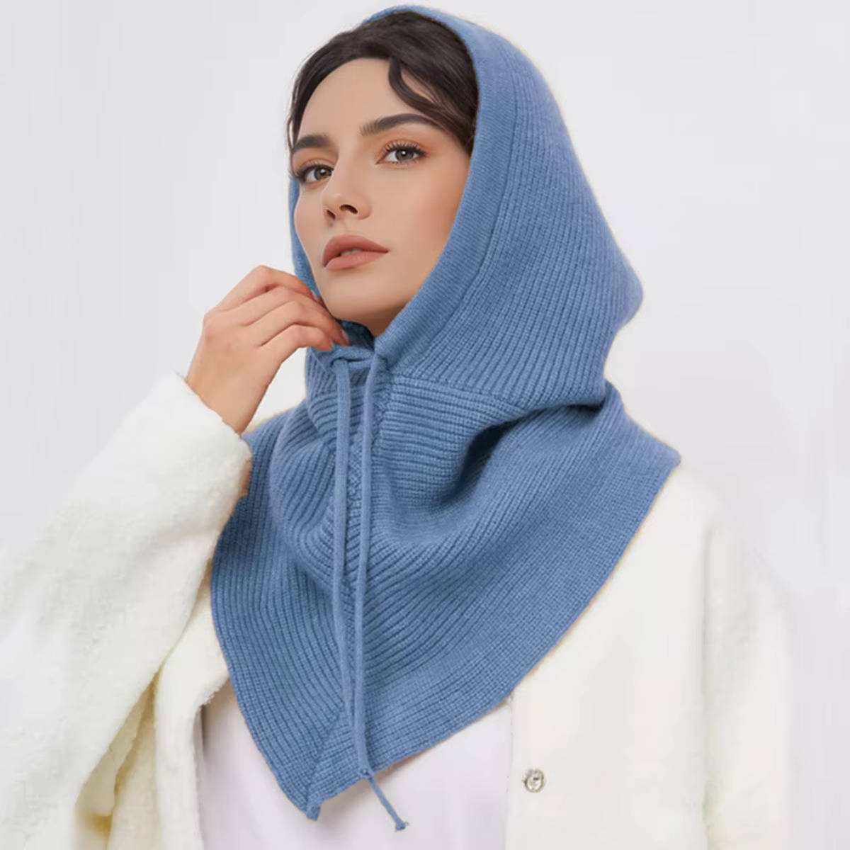 Bonnet En Maille Beige Avec Capuche Et Écharpe Intégrée Pour Hiver Chaleur Confort Du Cou Et Cordon De Serrage
