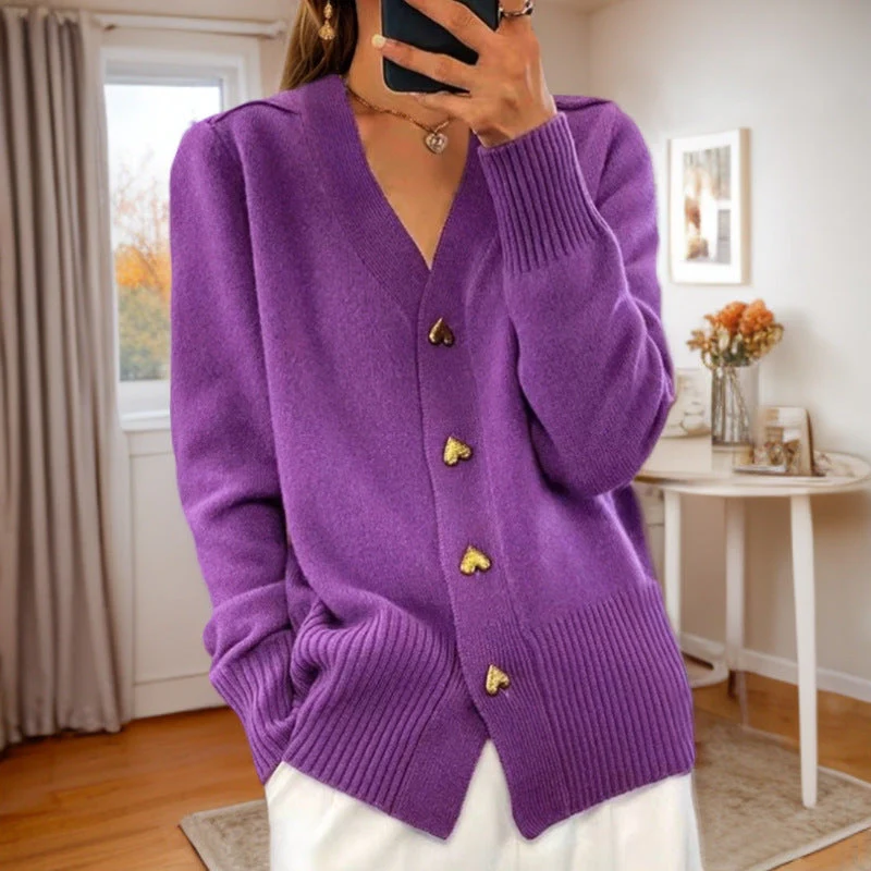 Cardigan Femme Coupe Décontractée Mélange De Laine Encolure V Boutons Cœurs Ourlet Côtelé Confortable