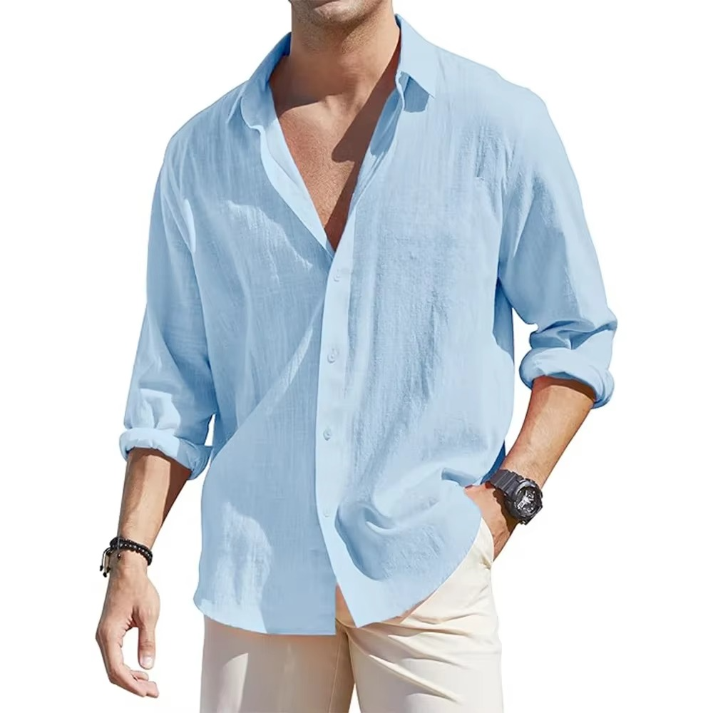 Chemise Homme En Lin Boutons Manches Longues Décontractée Confort Quotidien Amawinc