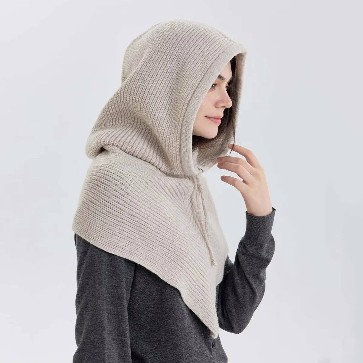 Bonnet En Maille Beige Avec Capuche Et Écharpe Intégrée Pour Hiver Chaleur Confort Du Cou Et Cordon De Serrage