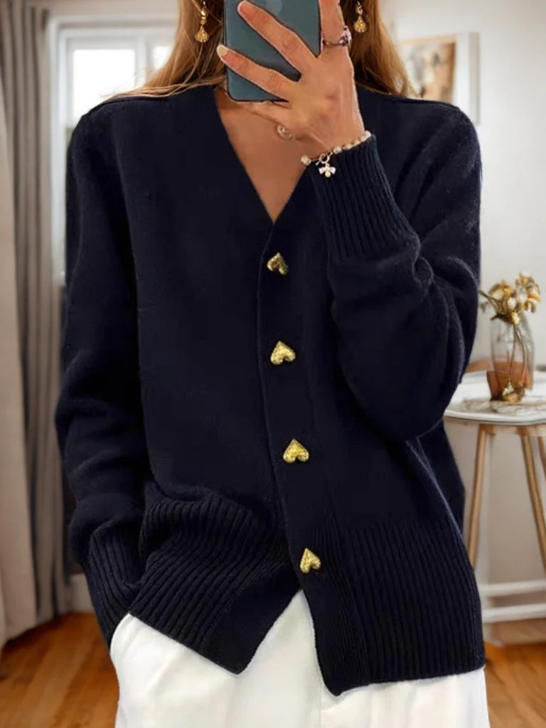 Cardigan Femme Coupe Décontractée Mélange De Laine Encolure V Boutons Cœurs Ourlet Côtelé Confortable