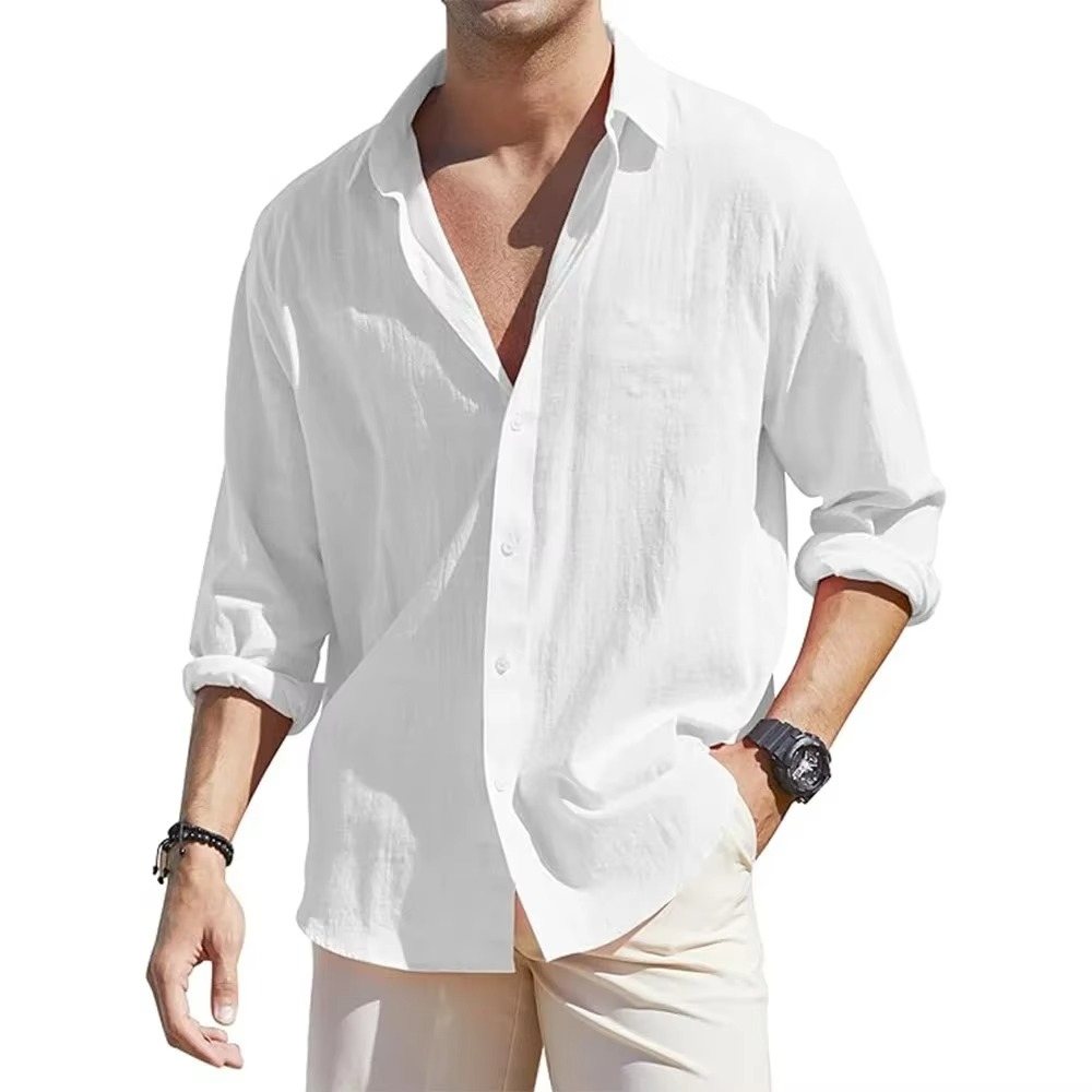 Chemise Homme En Lin Boutons Manches Longues Décontractée Confort Quotidien Amawinc