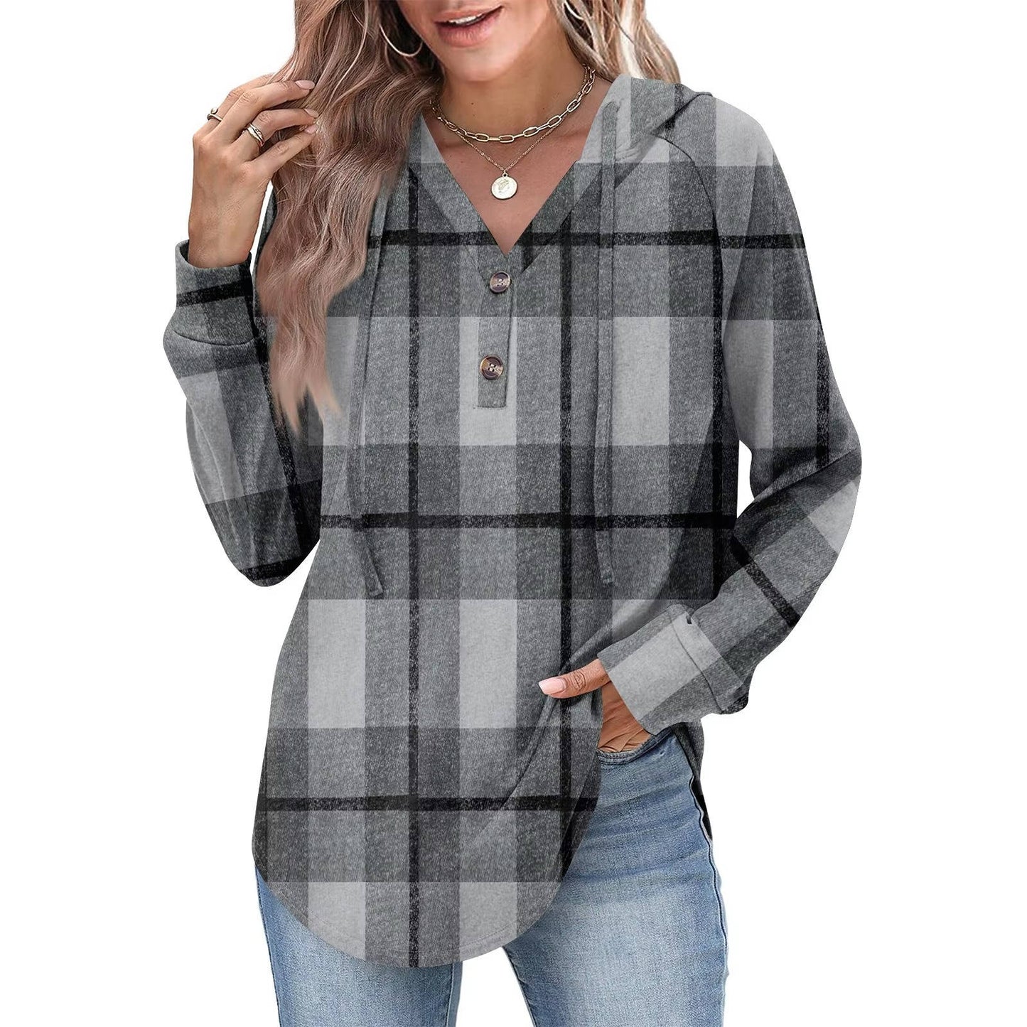 Tops Femme Sweat À Capuche Col En V Boutons Ajustables Pour Look Décontracté Amawinc