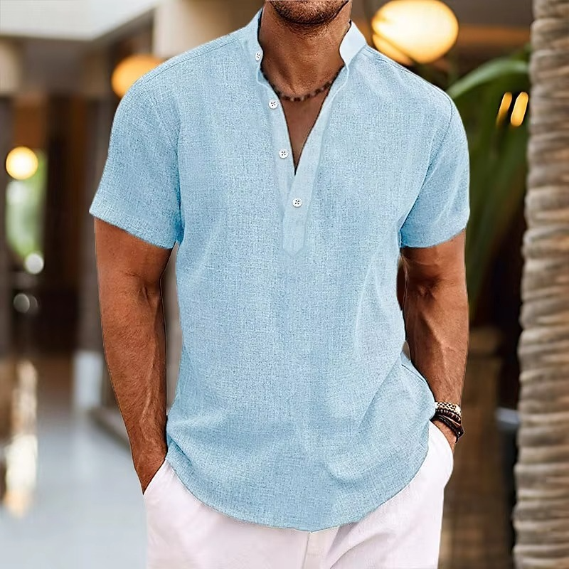 Amawinc Chemise Henley À Manches Courtes En Lin Pour Homme Décontractée Respirante Léger Boutonnage Plastron