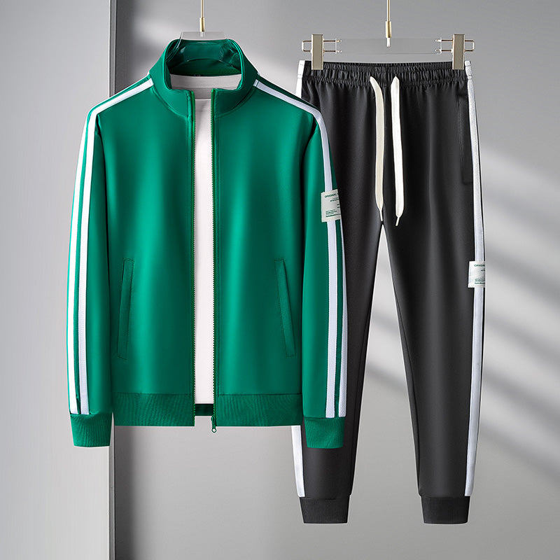 Survêtement Homme Deux Pièces Avec Veste Zippée Et Jogging Noir À Rayures Vertes Amawinc