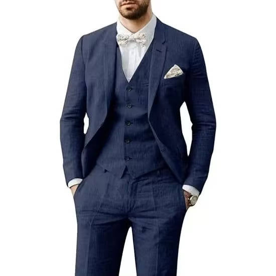 Costume Lin Décontracté Trois Pièces Pour Homme Avec Gilet Bleu Clair Pour Mariages D'Été Par Amawinc