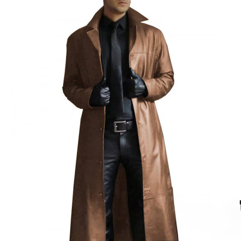 Manteau Trench Long en Cuir Homme Premium Plein Grain Classique Résistant au Vent
