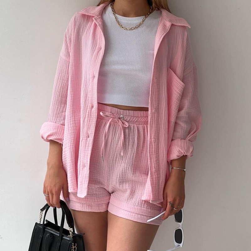 Ensemble Femme Coton Léger Avec Chemise À Boutons Et Short À Taille Elastique Confort Quotidien Été Décontracté
