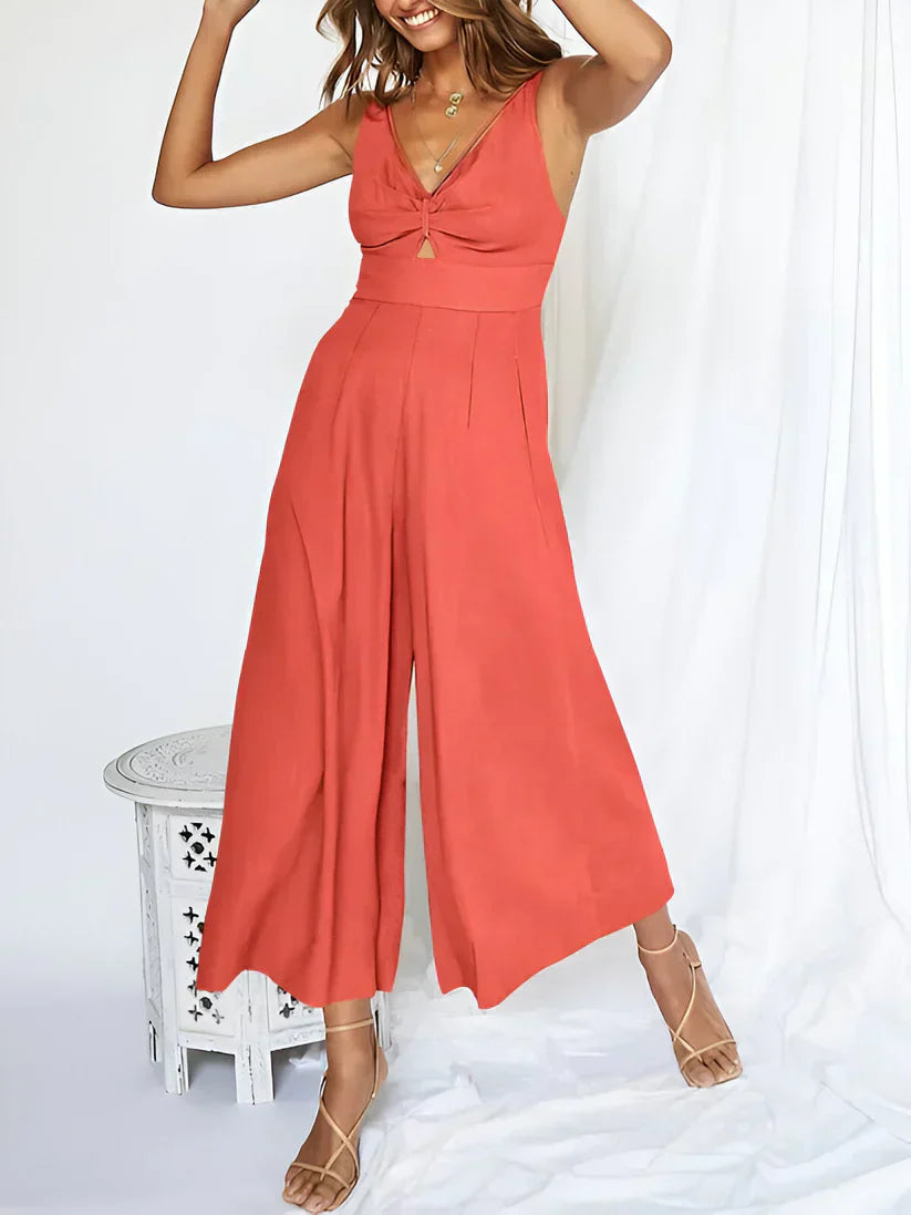 Combinaison Sans Manches Femme Col En V Taille Haute Évasée Bleu Marine Confort