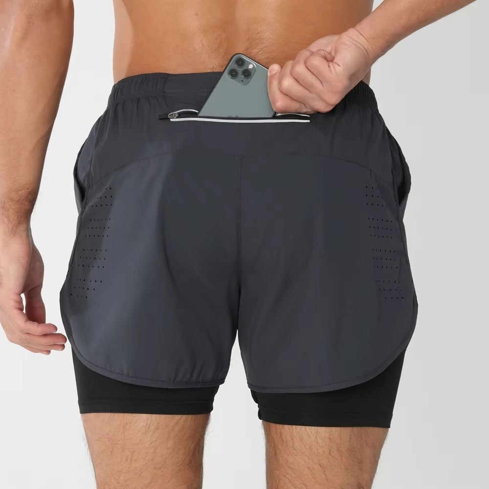 Shorts de Sport pour Homme Double Couches Poche Téléphone pour Gym Natation Course Polyvalent