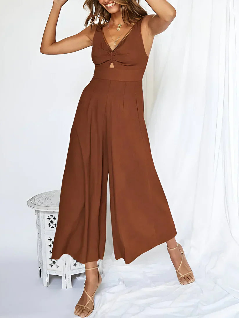 Combinaison Sans Manches Femme Col En V Taille Haute Évasée Bleu Marine Confort