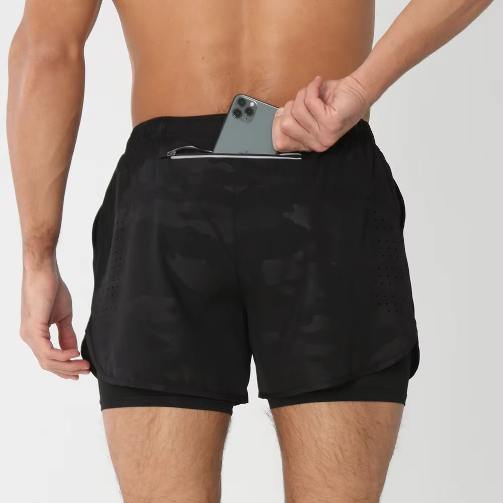 Shorts de Sport pour Homme Double Couches Poche Téléphone pour Gym Natation Course Polyvalent