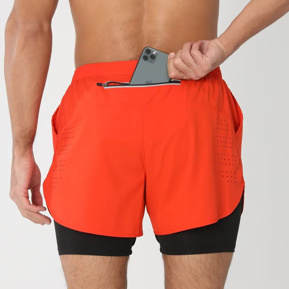 Shorts de Sport pour Homme Double Couches Poche Téléphone pour Gym Natation Course Polyvalent