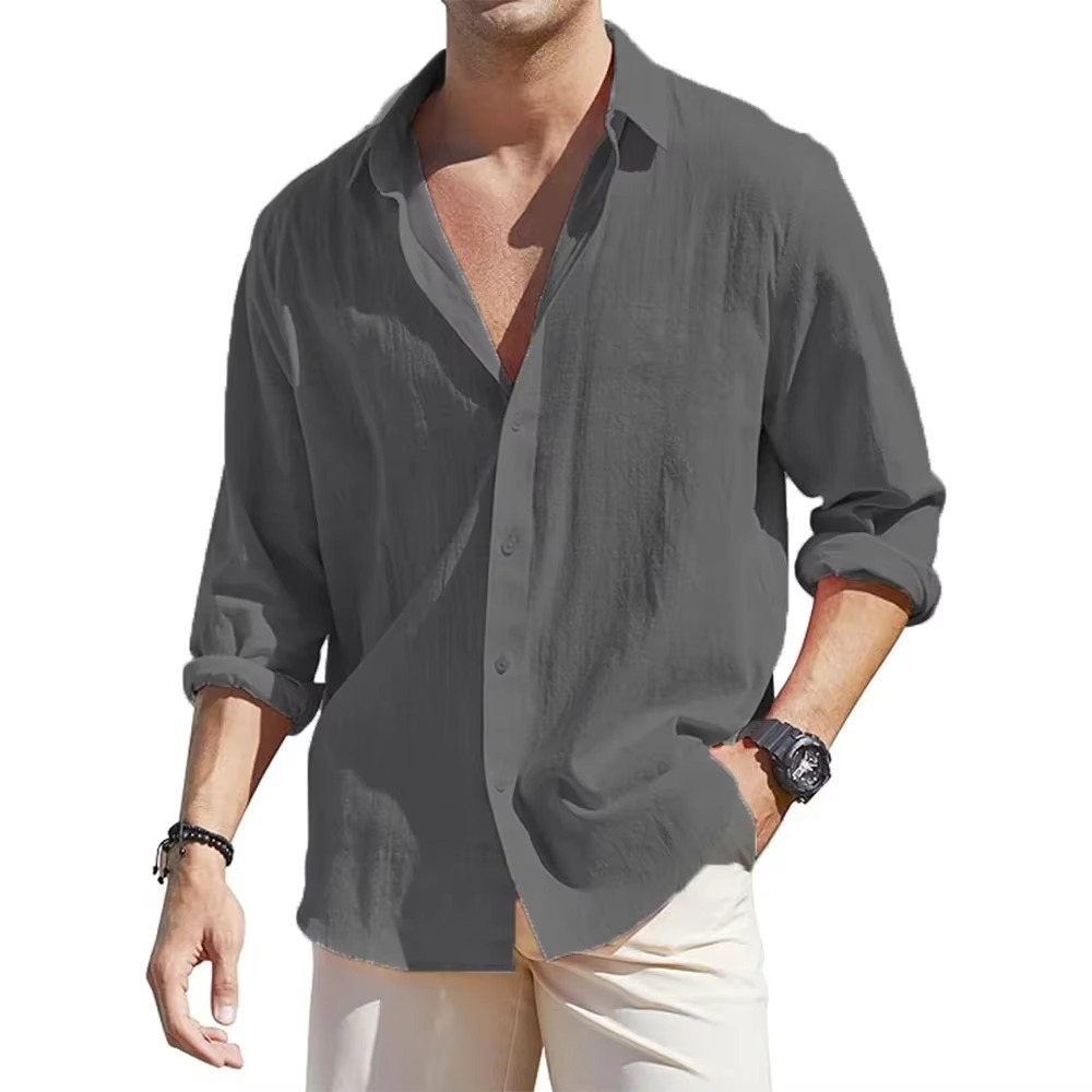 Chemise Homme En Lin Boutons Manches Longues Décontractée Confort Quotidien Amawinc