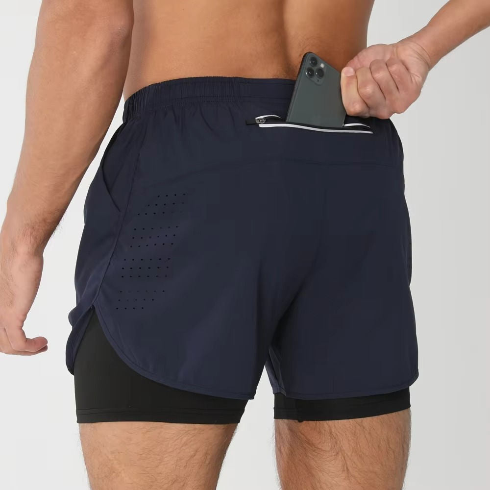 Shorts de Sport pour Homme Double Couches Poche Téléphone pour Gym Natation Course Polyvalent