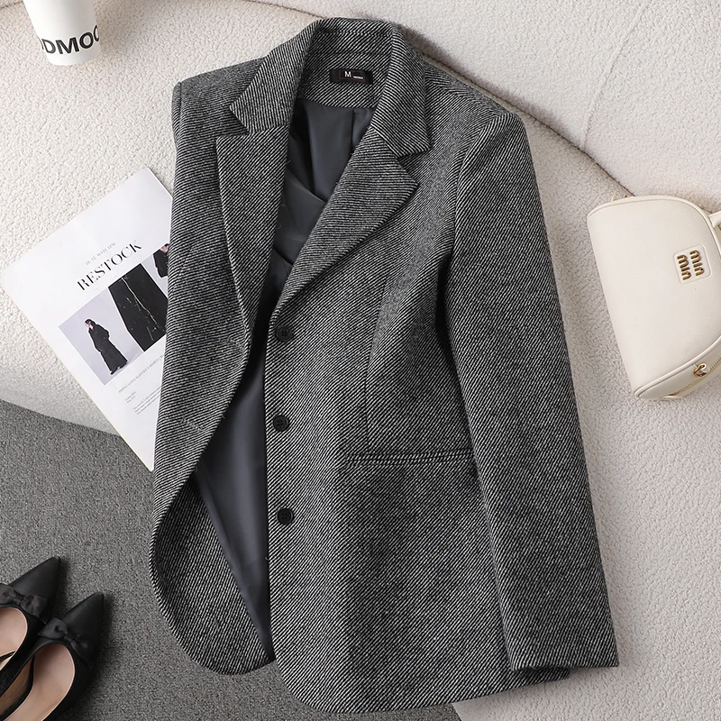 Veste Tailleur Femme en Laine Mélangée Ajustée Col Revers Boutonnage Simple Pour Bureau et Soirée