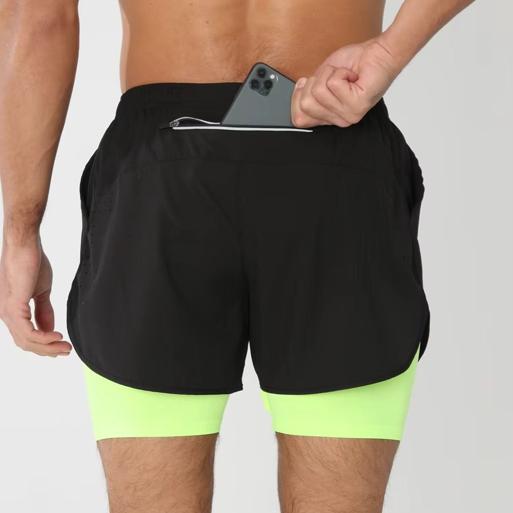 Shorts de Sport pour Homme Double Couches Poche Téléphone pour Gym Natation Course Polyvalent