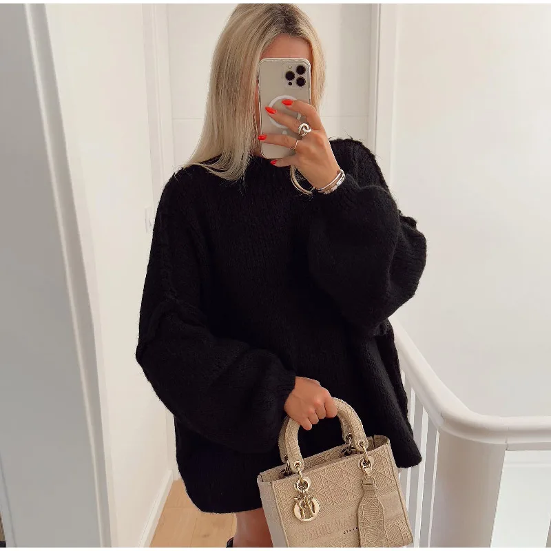 Sweatshirt Femme Oversize Décontracté Longueur Maille Manches Ballon Col Rond Design Confort