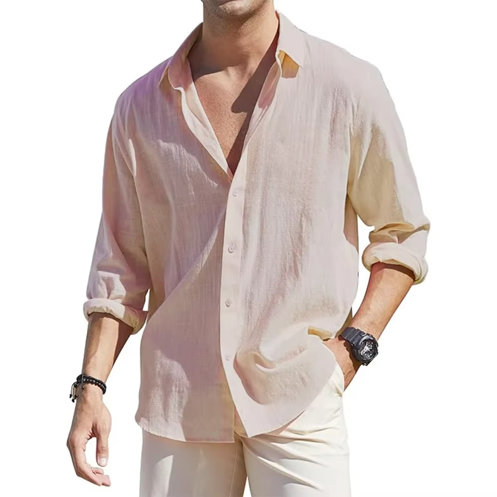 Chemise Homme En Lin Boutons Manches Longues Décontractée Confort Quotidien Amawinc