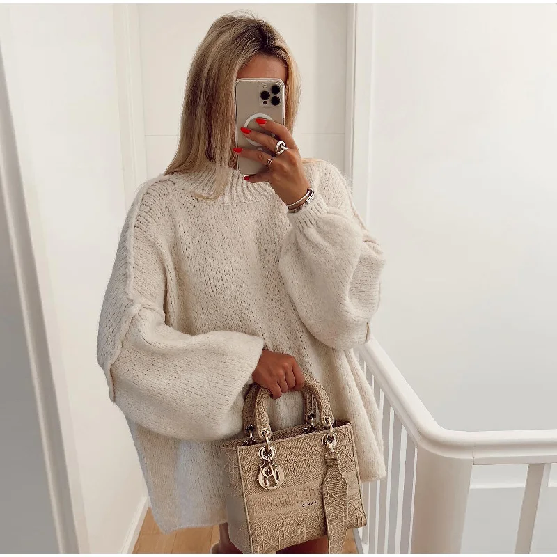 Sweatshirt Femme Oversize Décontracté Longueur Maille Manches Ballon Col Rond Design Confort