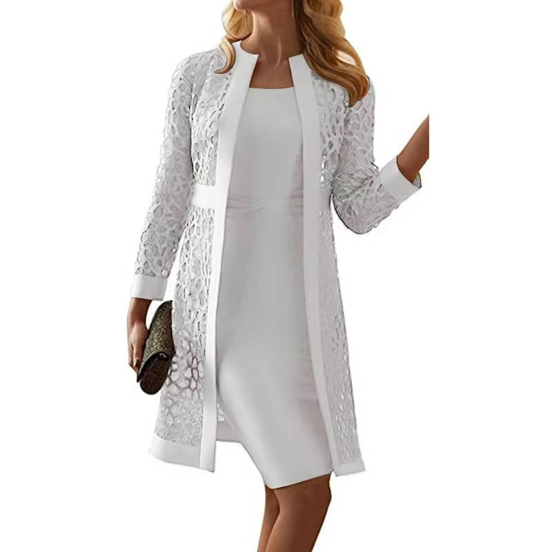 Robe Fourreau Mi Long Pour Mère de la Mariée Avec Veste en Dentelle Floral Amawinc Élégante Ensemble Deux Pièces