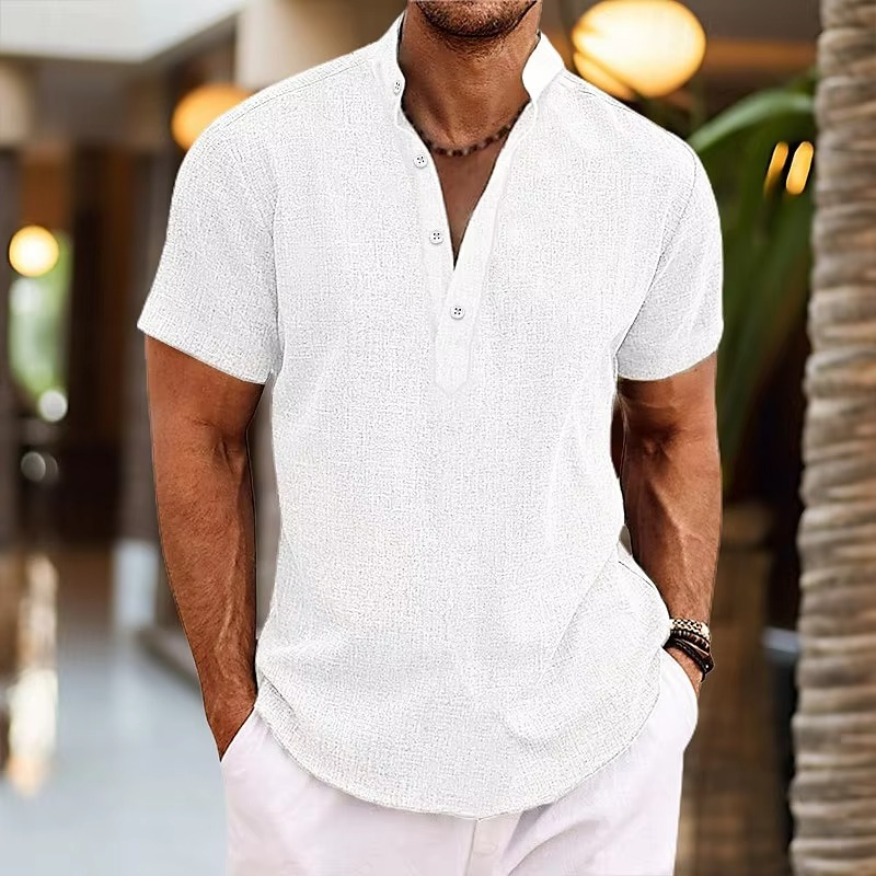 Amawinc Chemise Henley À Manches Courtes En Lin Pour Homme Décontractée Respirante Léger Boutonnage Plastron