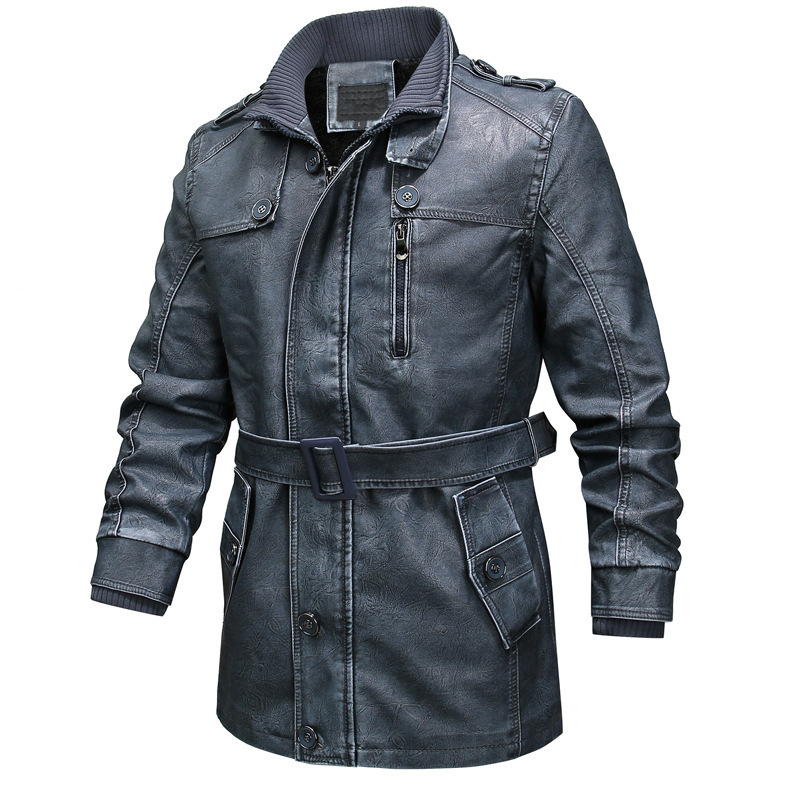 Manteau Trench Homme Regular Fit Cuir PU Lavé Doublé Peluche Ceinture Taille Zip Asymétrique Col Côtes