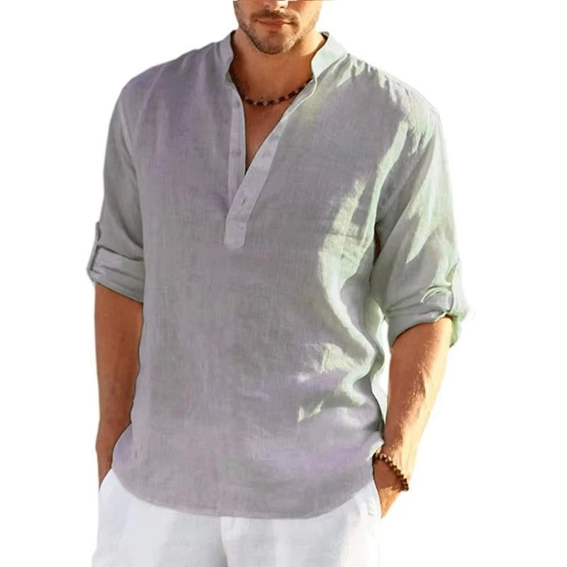 Chemise Henley En Lin Pour Homme Avec Manches Roulées Respirante Légère Décontractée Été Par Amawinc
