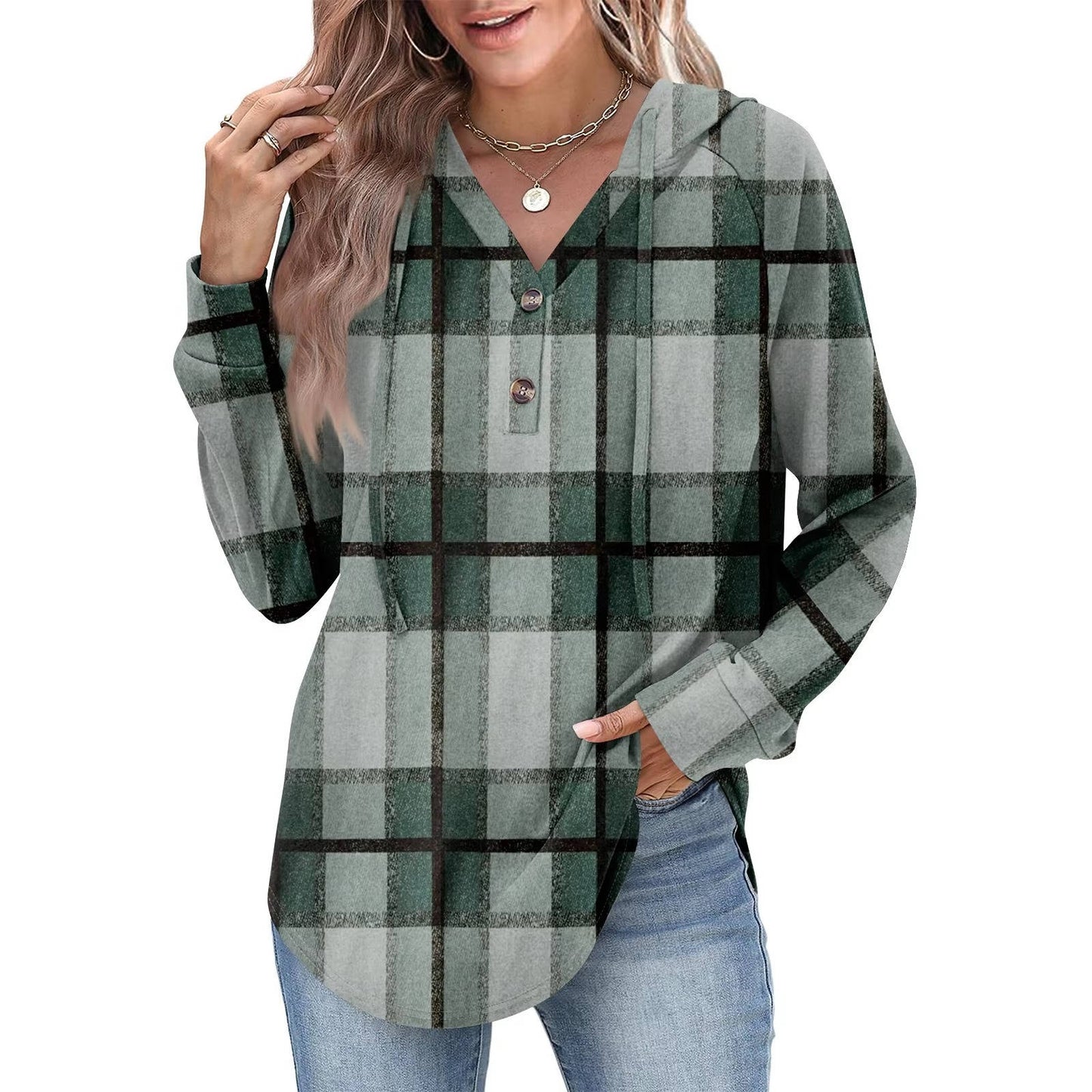 Tops Femme Sweat À Capuche Col En V Boutons Ajustables Pour Look Décontracté Amawinc