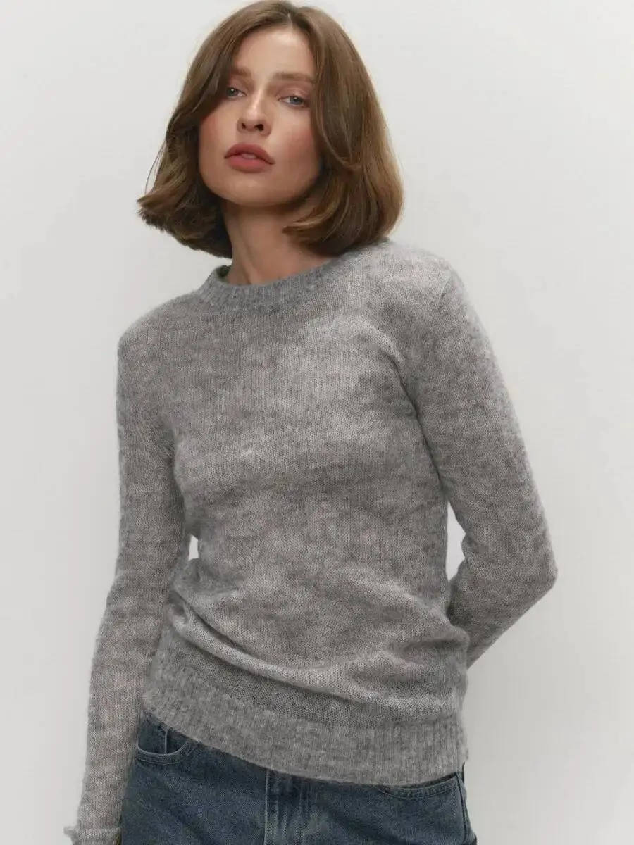 Pull Femme En Maille Mohair Léger Col Rond Manches Longues Pour Décontracté Et Chic