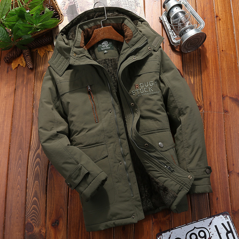 Manteau Homme Capuche Hiver Avec Doublure Peluche Coupe Ample Longueur Mi-Cuisse Poches Multiples