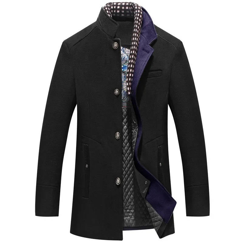 Amawinc Manteau Homme En Laine Bleue Marine Col Debout Bouton Devant Poches Zip Style Hiver Classique