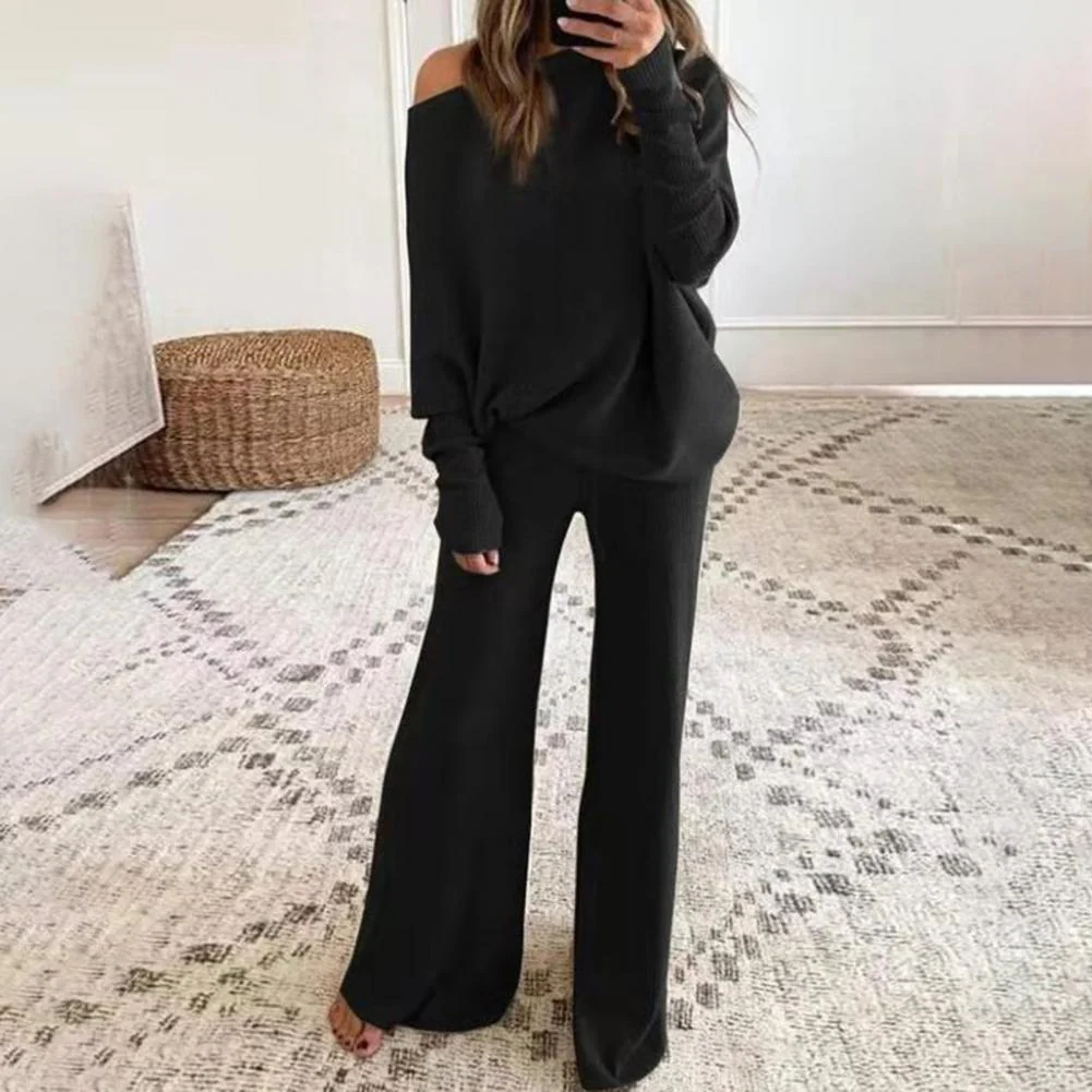 Ensemble Deux Pièces Loungewear En Maille Douce Oversize Haut À Une Épaule Pantalon Large