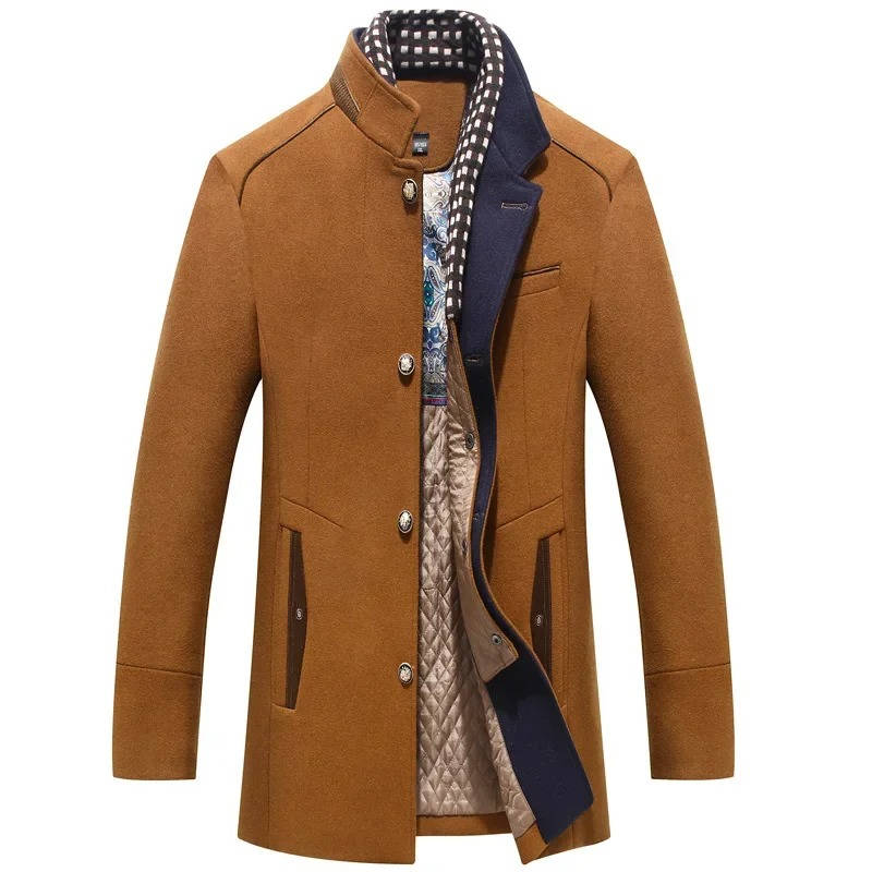 Amawinc Manteau Homme En Laine Bleue Marine Col Debout Bouton Devant Poches Zip Style Hiver Classique