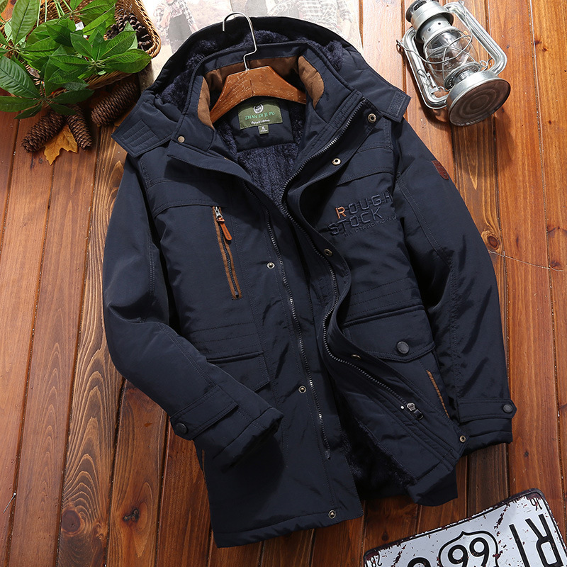 Manteau Homme Capuche Hiver Avec Doublure Peluche Coupe Ample Longueur Mi-Cuisse Poches Multiples
