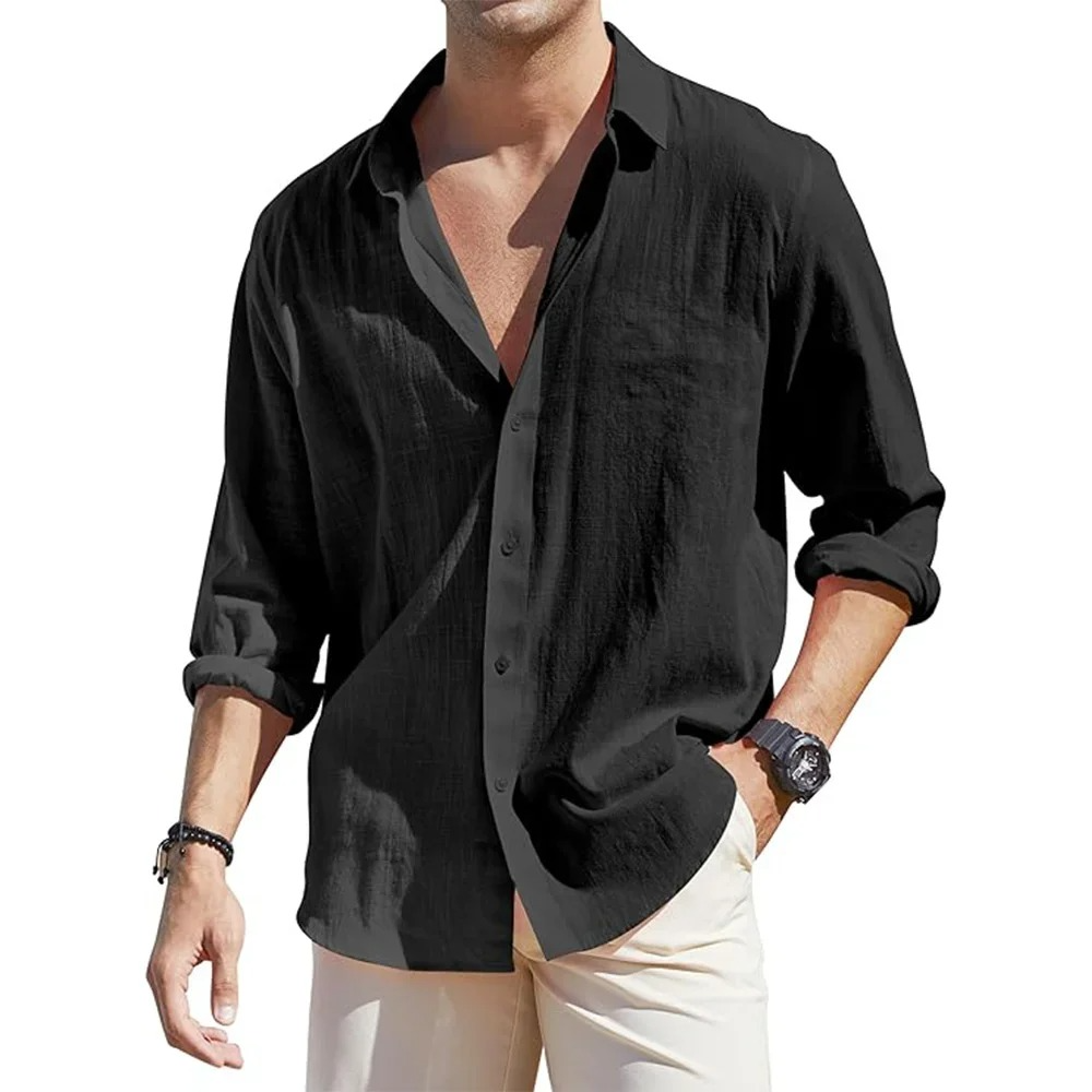 Chemise Homme En Lin Boutons Manches Longues Décontractée Confort Quotidien Amawinc